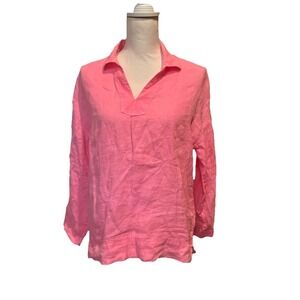 C & C California Top XS Hot Pink 100% Linen Long Sleeve With‎ Collar V-Neck